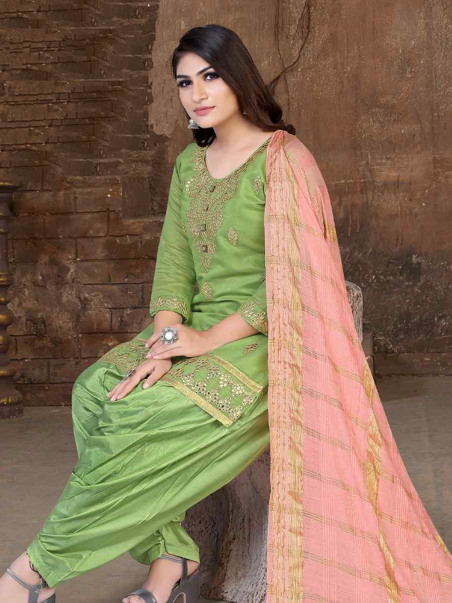 Pista Model Chanderi Embroidered Festival Wedding Patiala Salwar Kameez