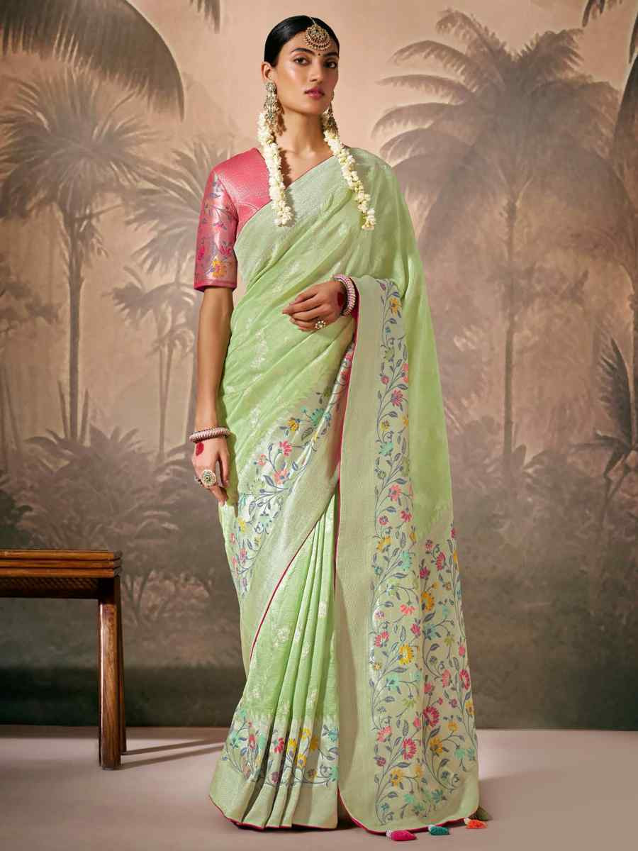 Pista Munga Silk Embroidered Reception Wedding Heavy Border Saree