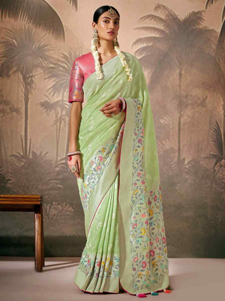 Pista Munga Silk Embroidered Reception Wedding Heavy Border Saree