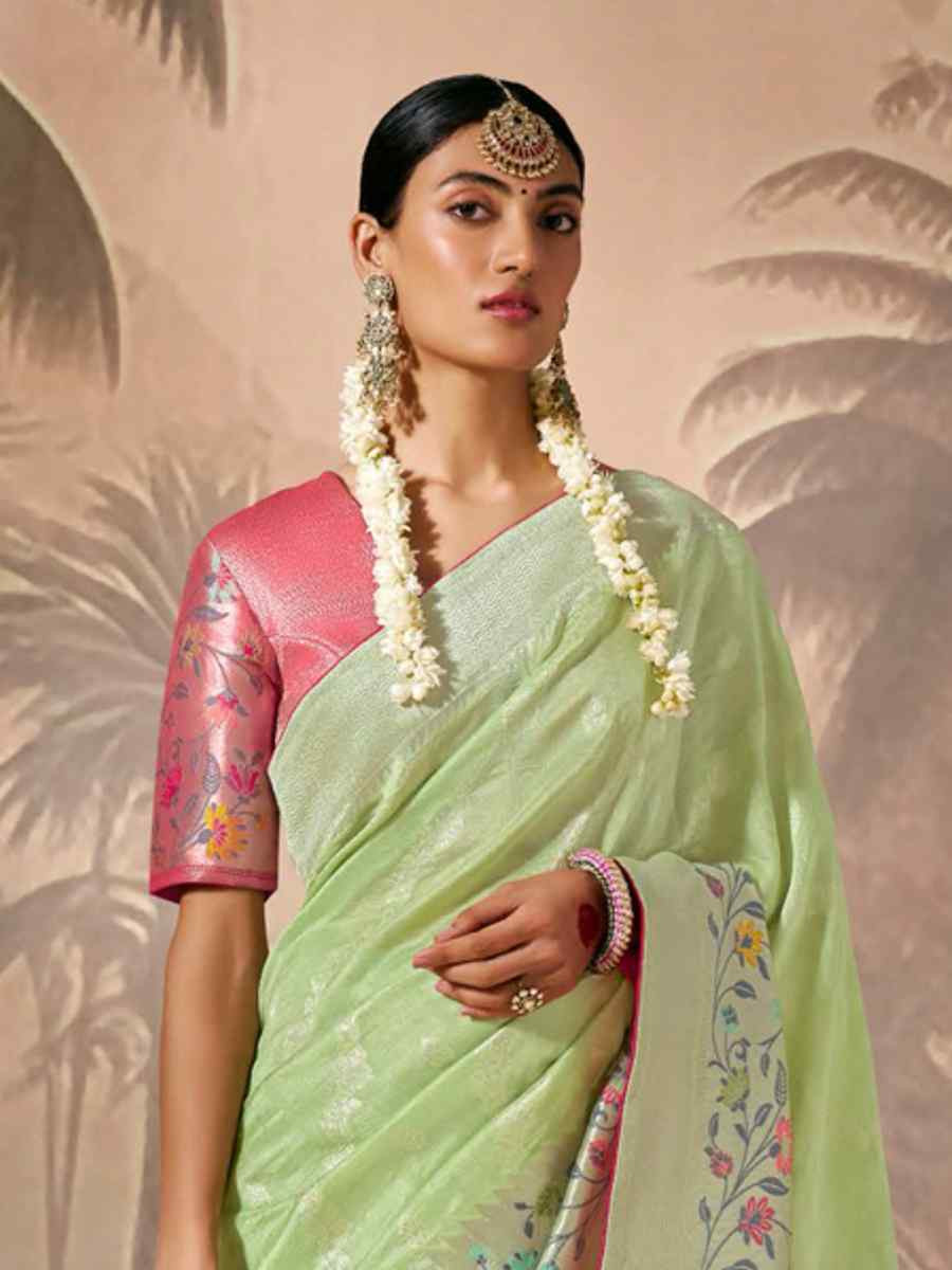 Pista Munga Silk Embroidered Reception Wedding Heavy Border Saree