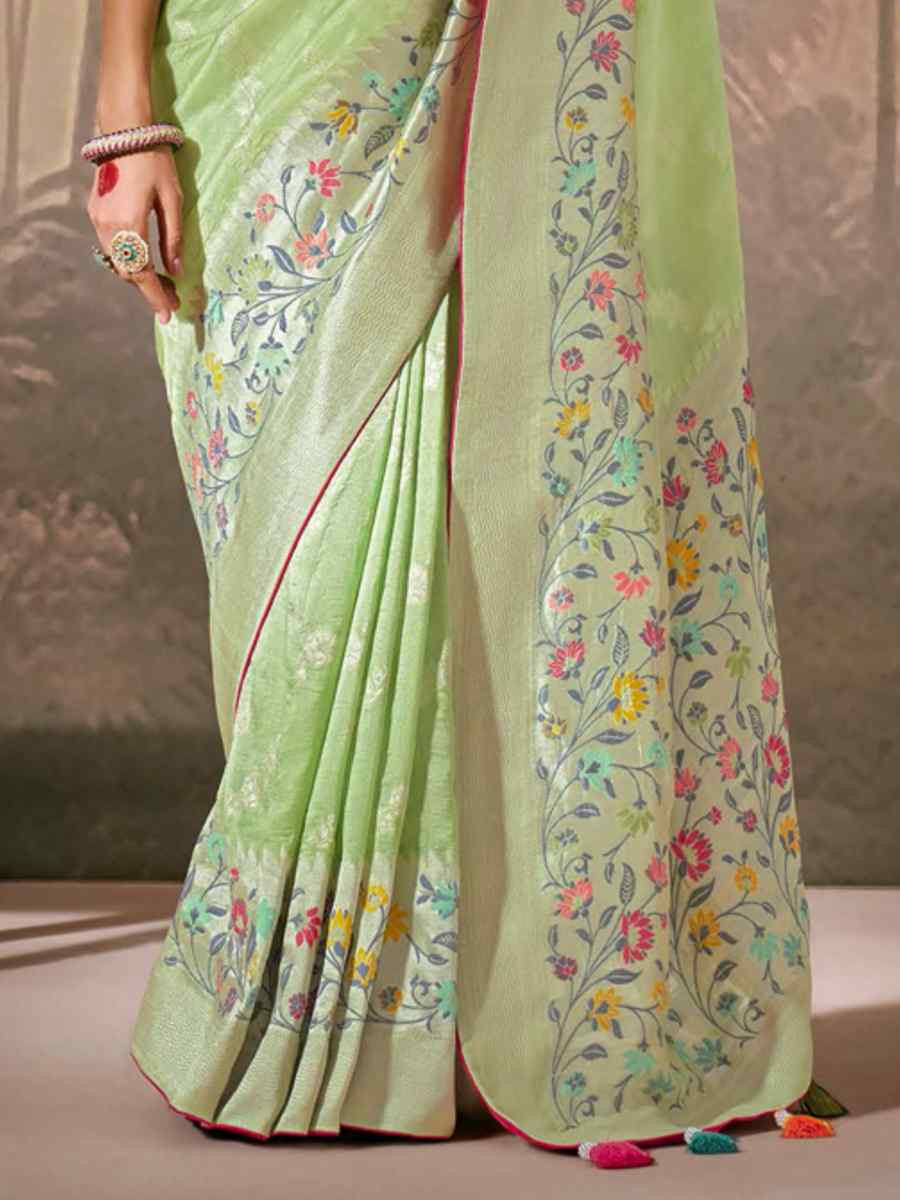 Pista Munga Silk Embroidered Reception Wedding Heavy Border Saree