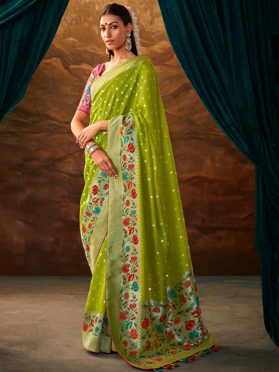 Pista Munga Silk Handwoven Wedding Festival Heavy Border Saree