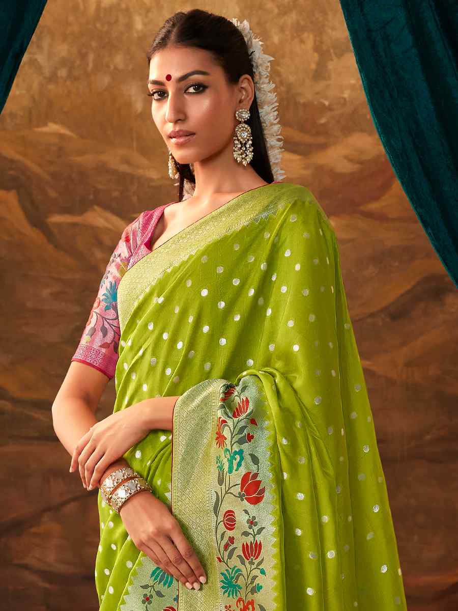 Pista Munga Silk Handwoven Wedding Festival Heavy Border Saree