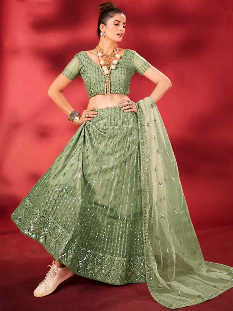 Pista Net Embroidered Bridesmaid Wedding Heavy Border Lehenga Choli