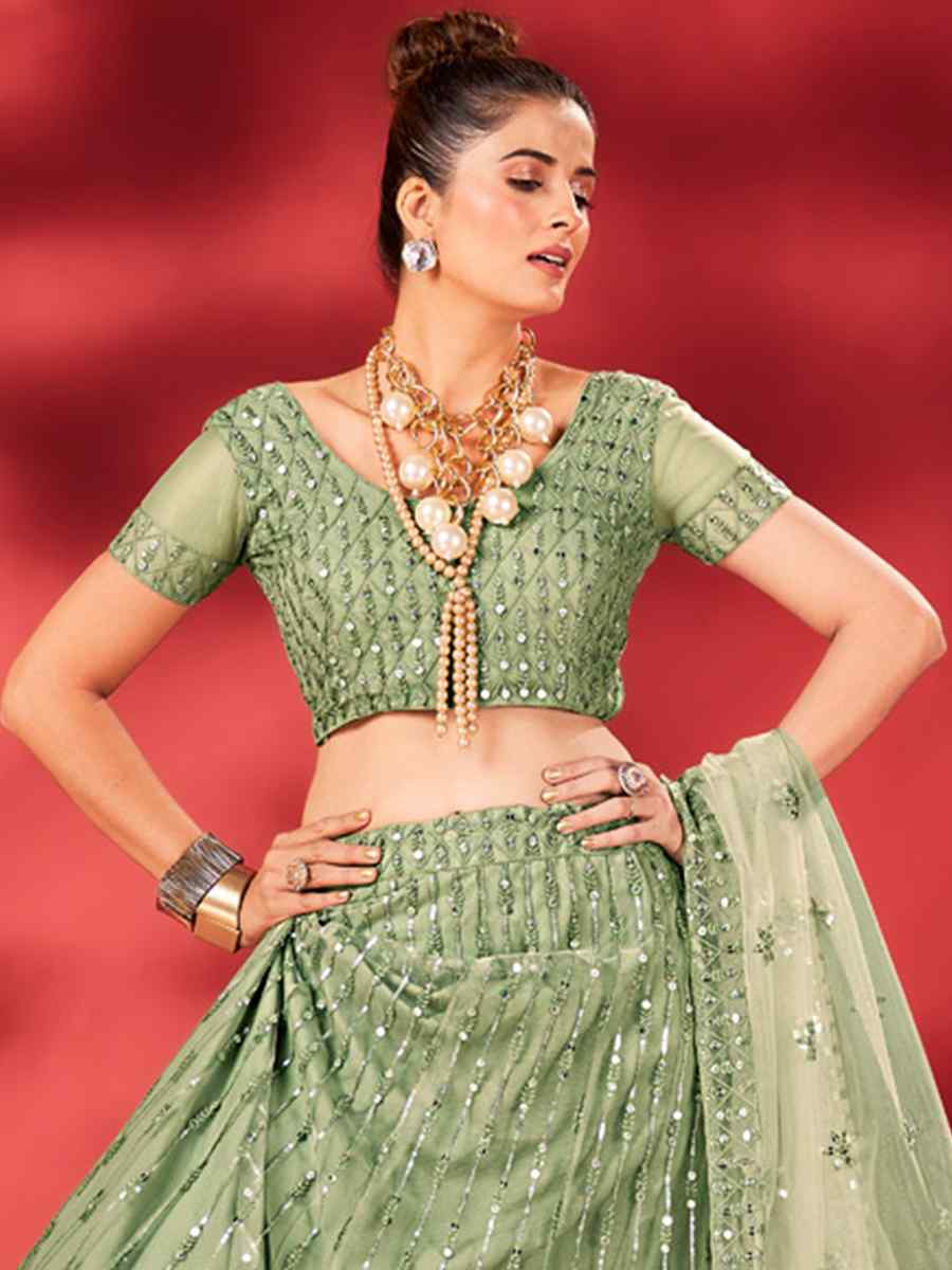 Pista Net Embroidered Bridesmaid Wedding Heavy Border Lehenga Choli