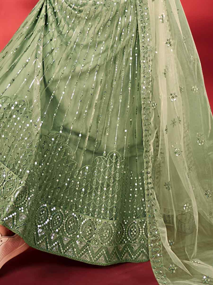 Pista Net Embroidered Bridesmaid Wedding Heavy Border Lehenga Choli