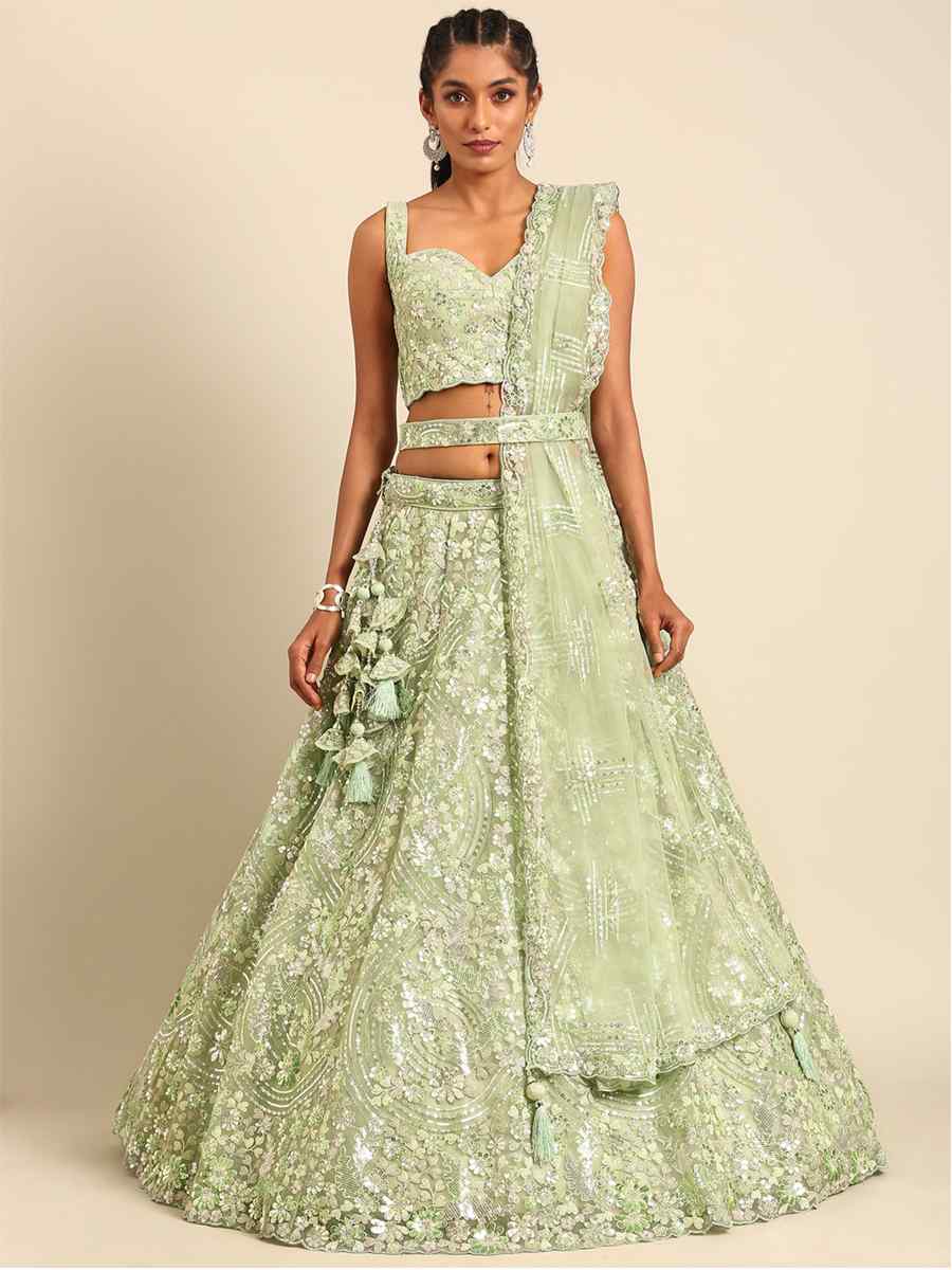 Pista Net Embroidered Bridesmaid Wedding Heavy Border Lehenga Choli