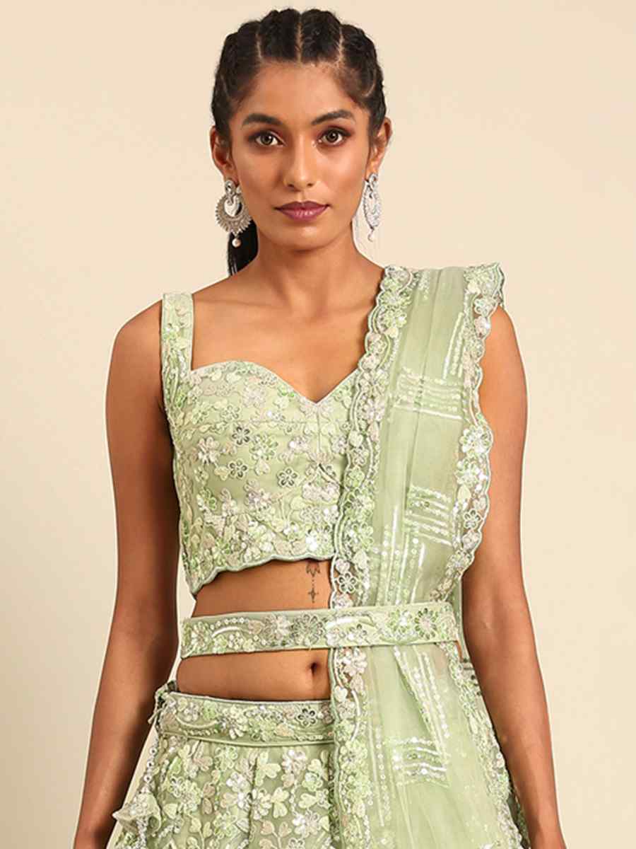 Pista Net Embroidered Bridesmaid Wedding Heavy Border Lehenga Choli