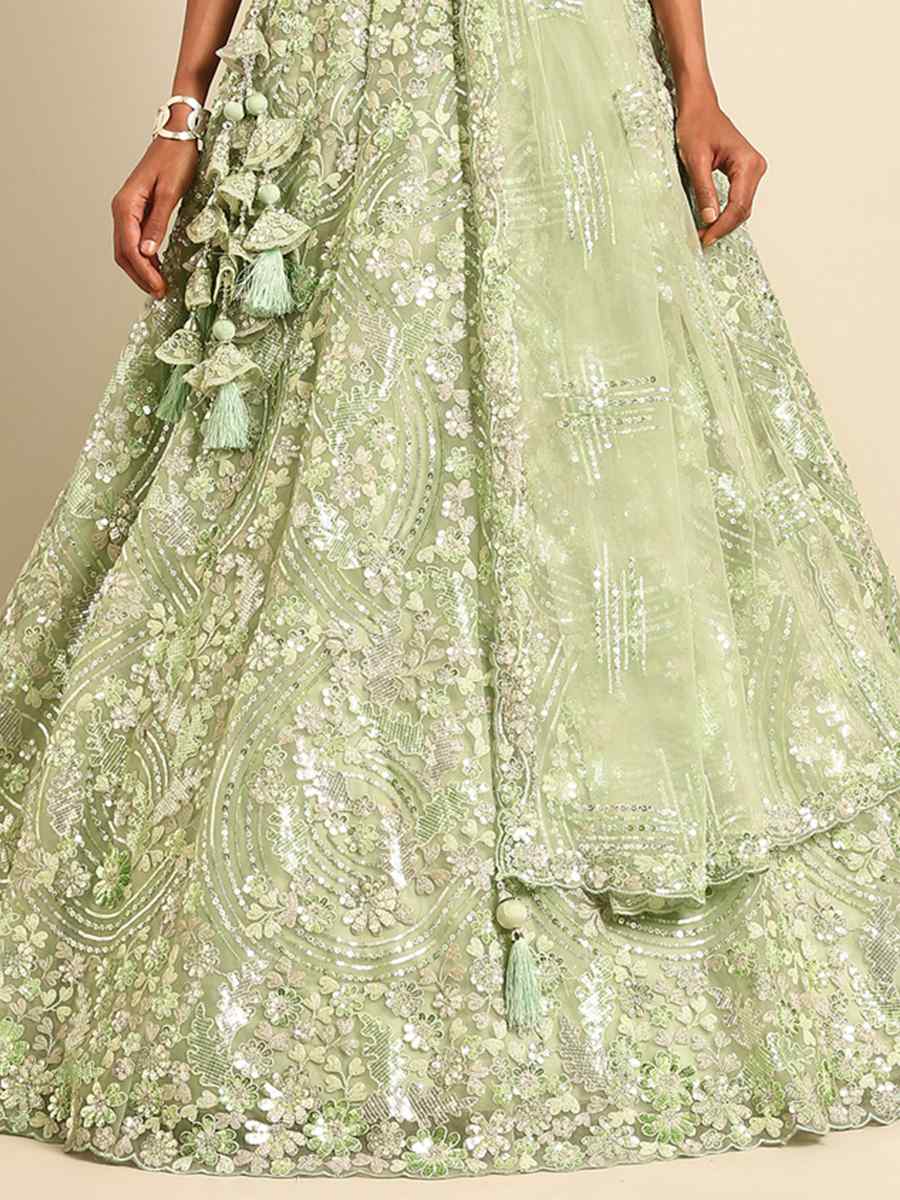 Pista Net Embroidered Bridesmaid Wedding Heavy Border Lehenga Choli