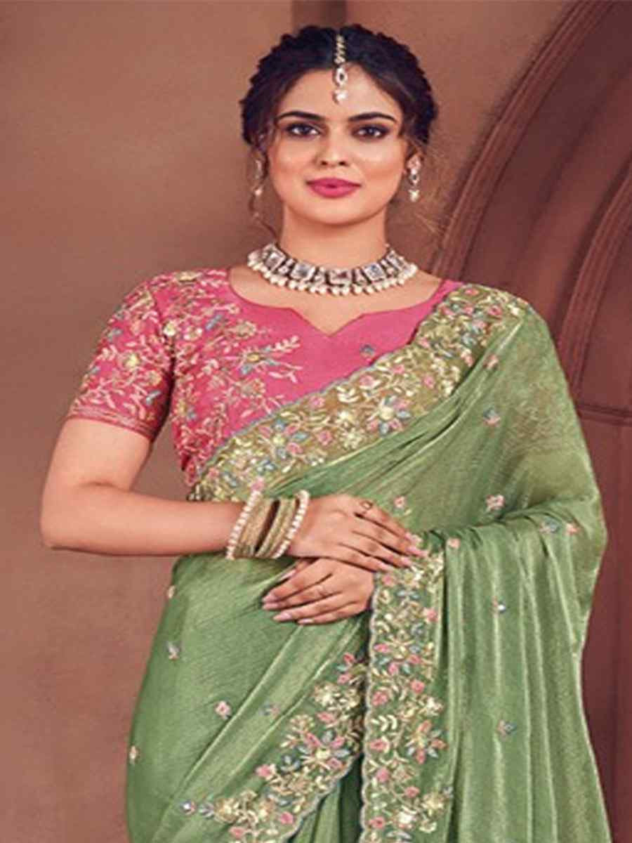 Pista Organza Embroidered Bridesmaid Wedding Heavy Border Saree