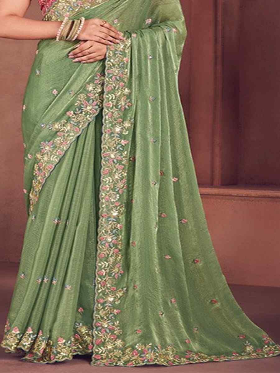 Pista Organza Embroidered Bridesmaid Wedding Heavy Border Saree