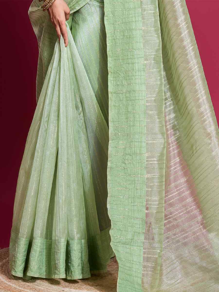 Pista Organza Handwoven Festival Wedding Heavy Border Saree