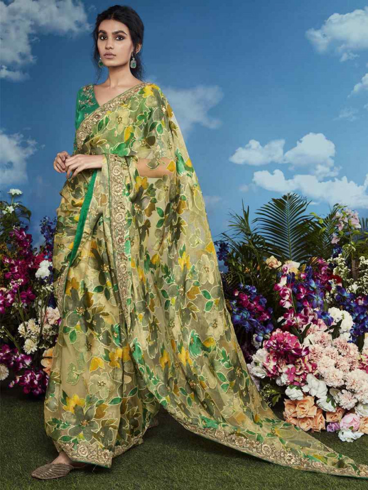 Pista Organza Silk Embroidered Festival Wedding Heavy Border Saree