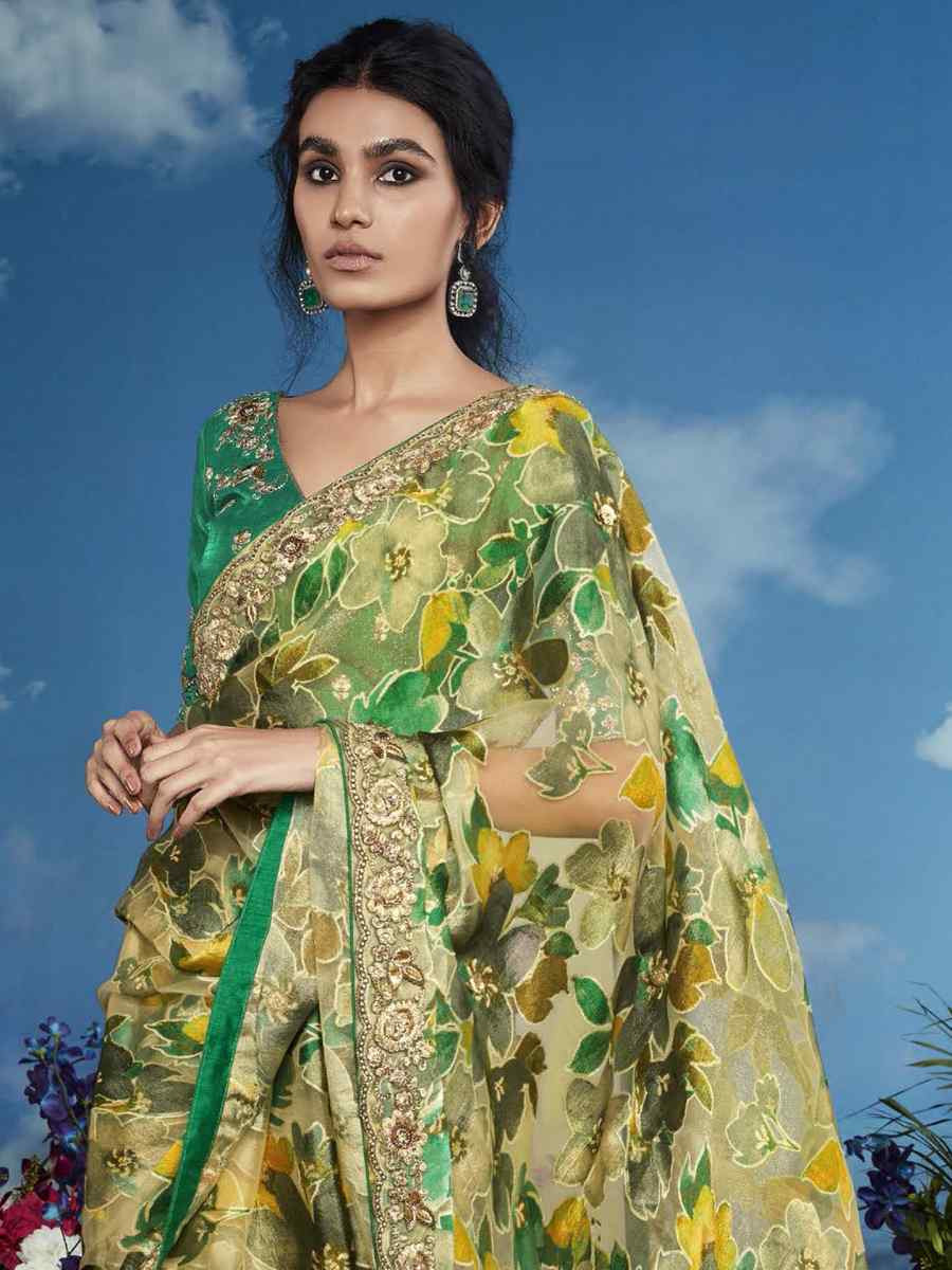 Pista Organza Silk Embroidered Festival Wedding Heavy Border Saree