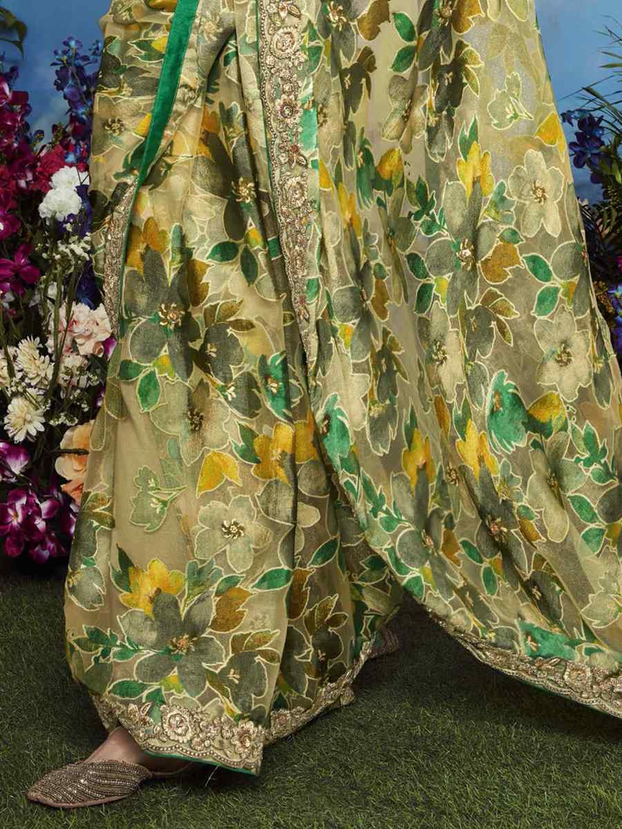 Pista Organza Silk Embroidered Festival Wedding Heavy Border Saree