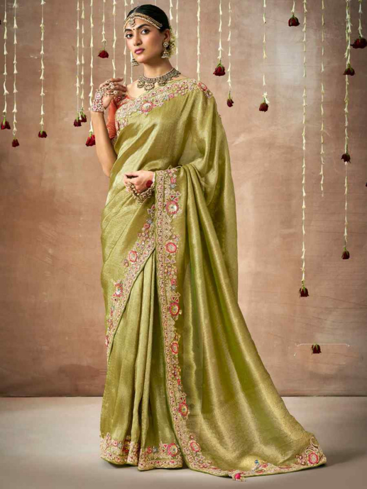 Pista Organza Silk Embroidered Reception Wedding Heavy Border Saree