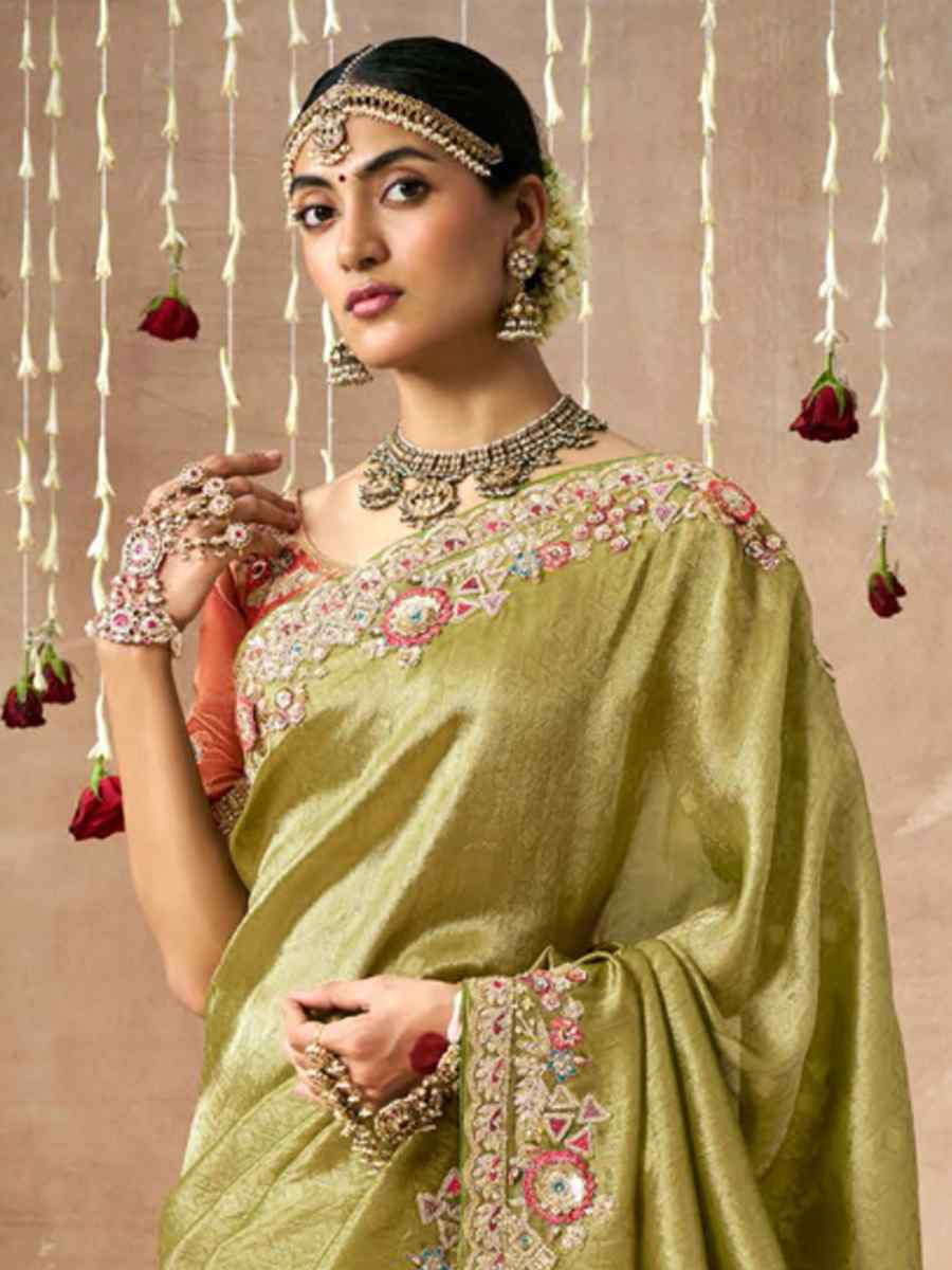 Pista Organza Silk Embroidered Reception Wedding Heavy Border Saree