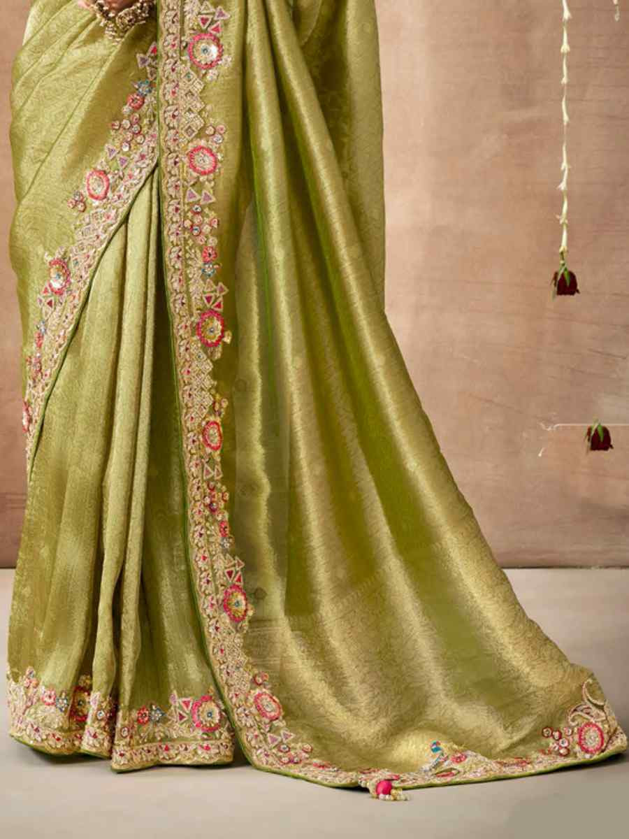 Pista Organza Silk Embroidered Reception Wedding Heavy Border Saree