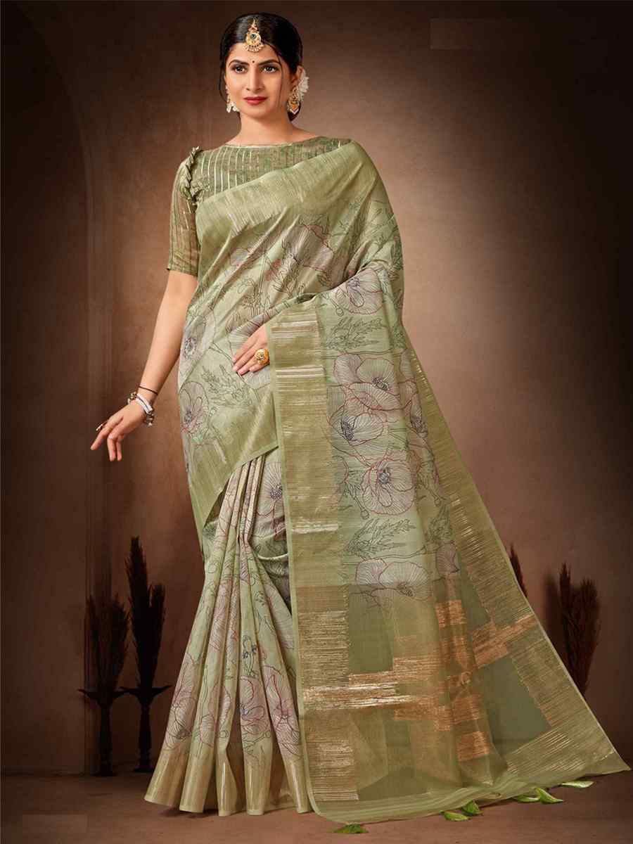 Pista Organza Tissue Handwoven Wedding Festival Heavy Border Saree