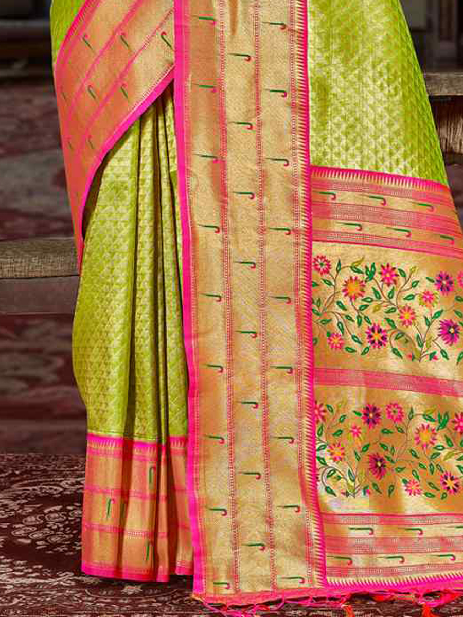 Pista Paithani Silk Handwoven Wedding Festival Heavy Border Saree