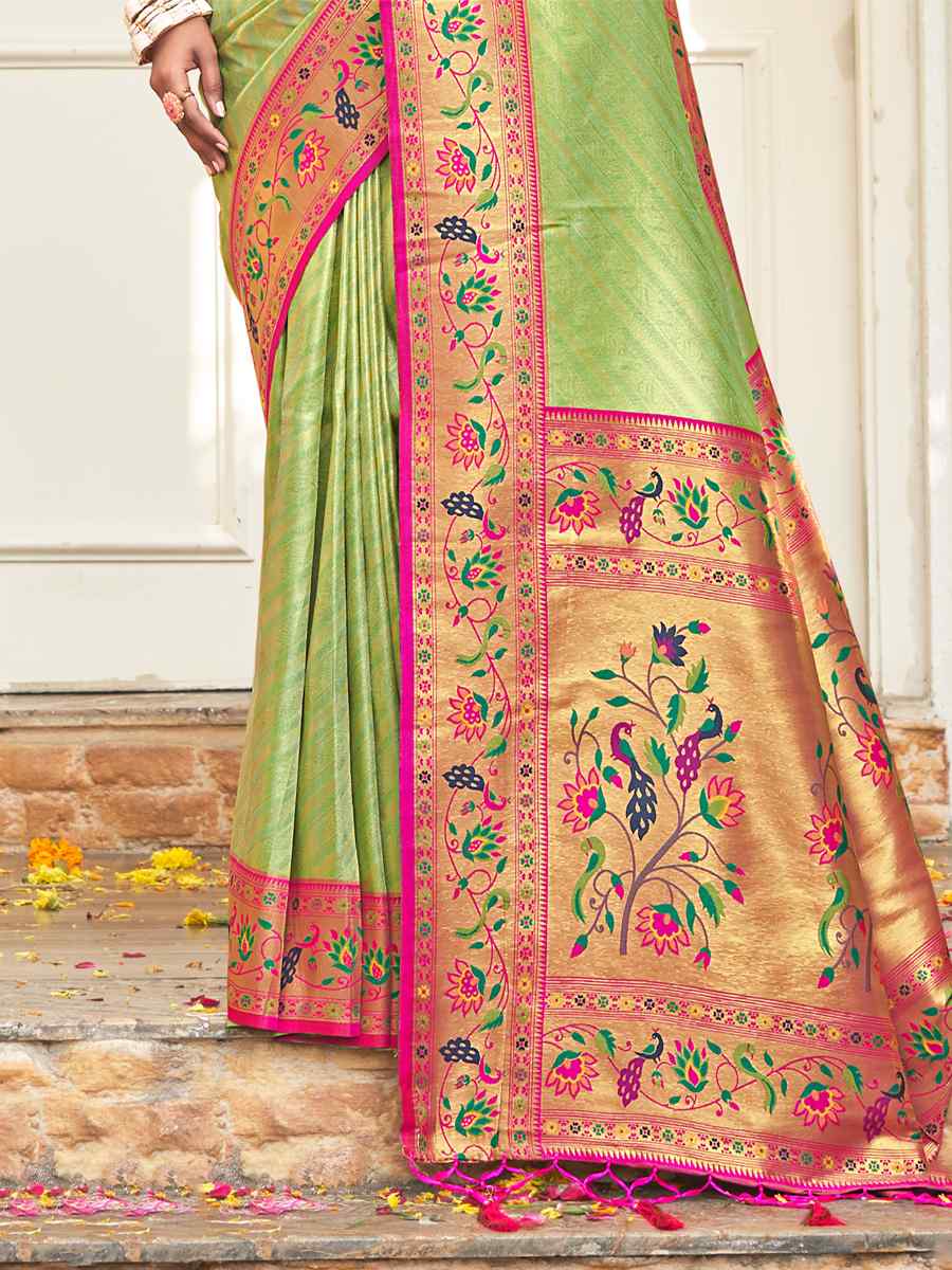 Pista Paithani Silk Handwoven Wedding Festival Heavy Border Saree