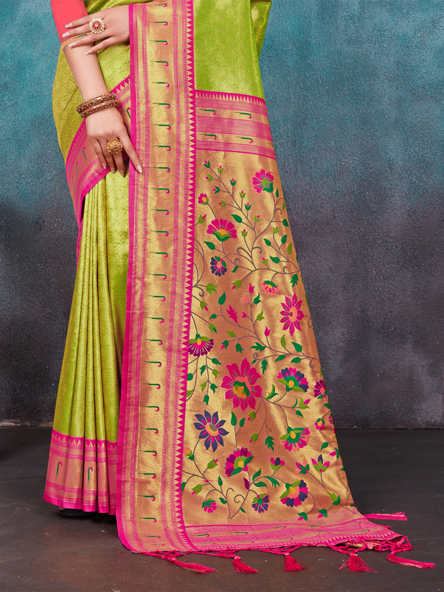 Pista Paithani Silk Handwoven Wedding Festival Heavy Border Saree