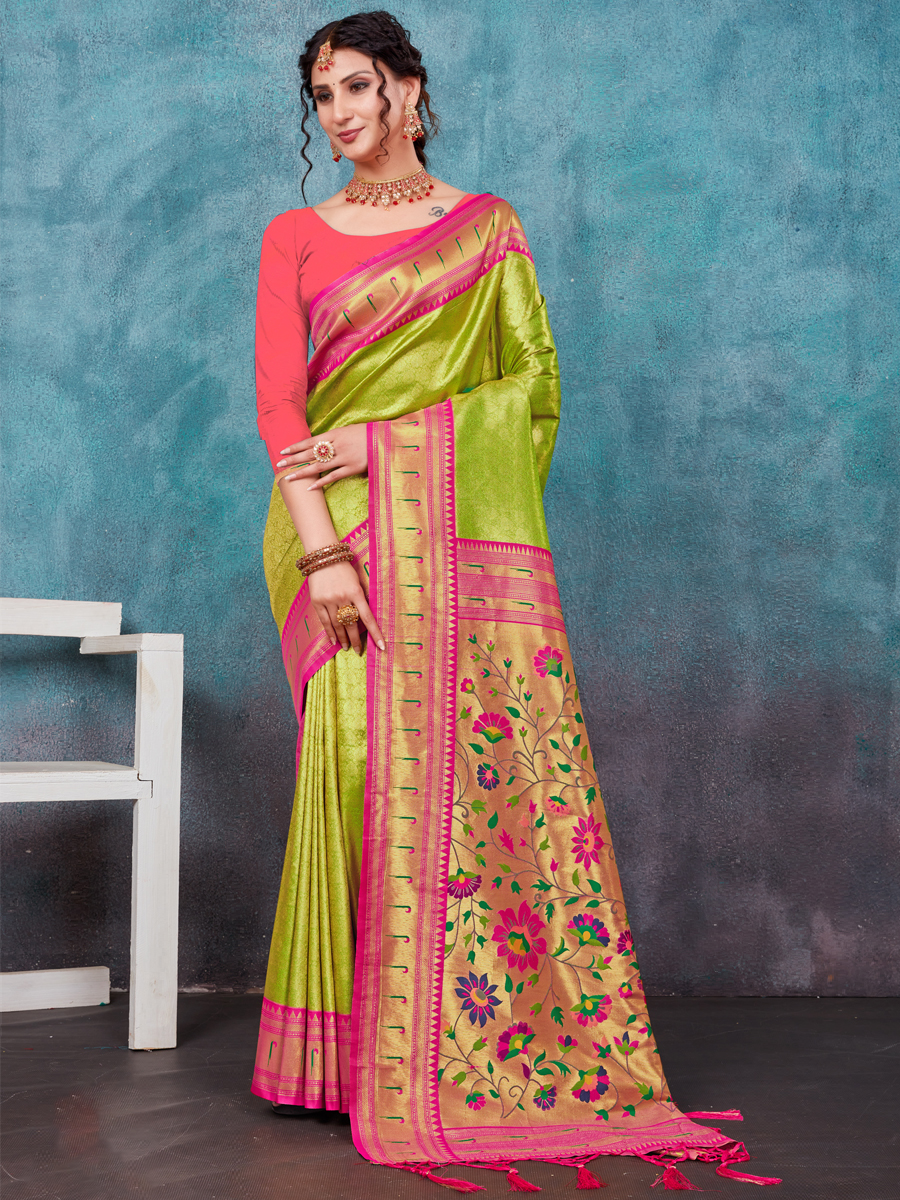 Pista Paithani Silk Handwoven Wedding Festival Heavy Border Saree