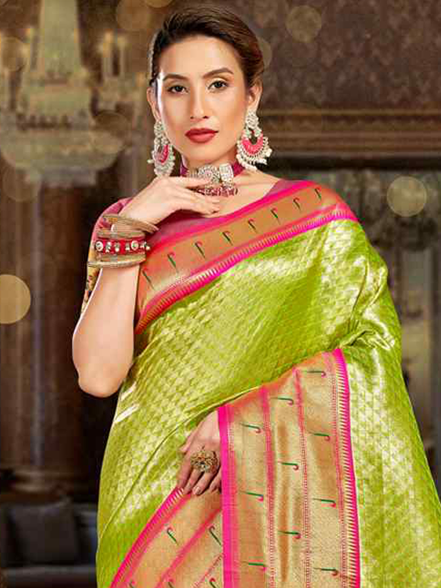 Pista Paithani Silk Handwoven Wedding Festival Heavy Border Saree