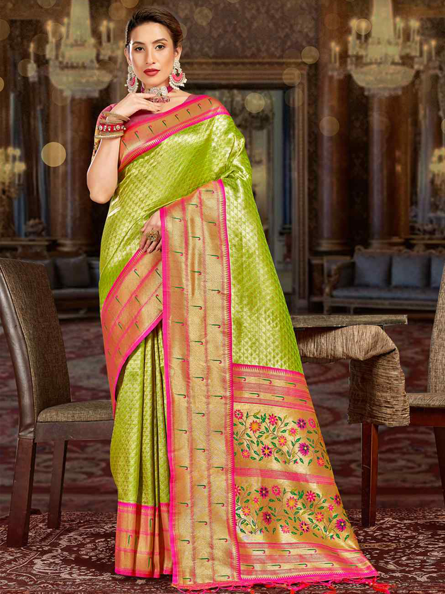 Pista Paithani Silk Handwoven Wedding Festival Heavy Border Saree