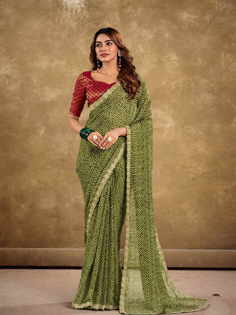 Pista Pure Chiffon Embroidered Festival Wedding Classic Style Saree