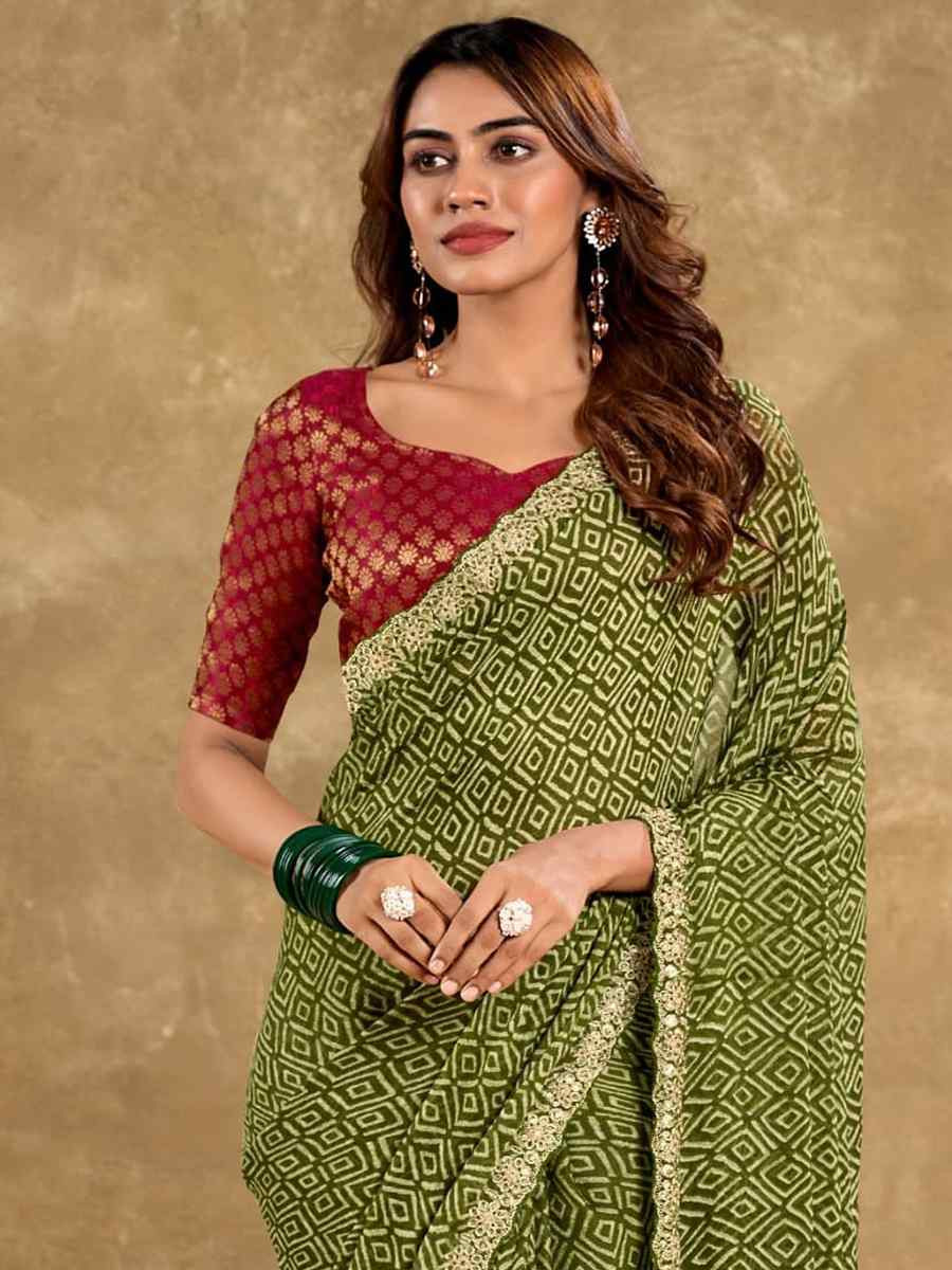 Pista Pure Chiffon Embroidered Festival Wedding Classic Style Saree