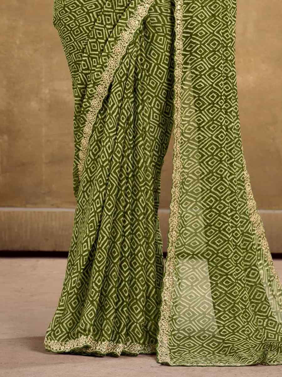 Pista Pure Chiffon Embroidered Festival Wedding Classic Style Saree