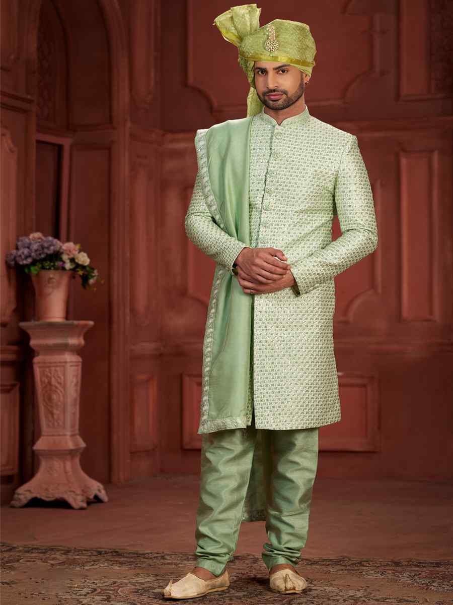 Pista Pure Silk Embroidered Groom Wedding Sherwani