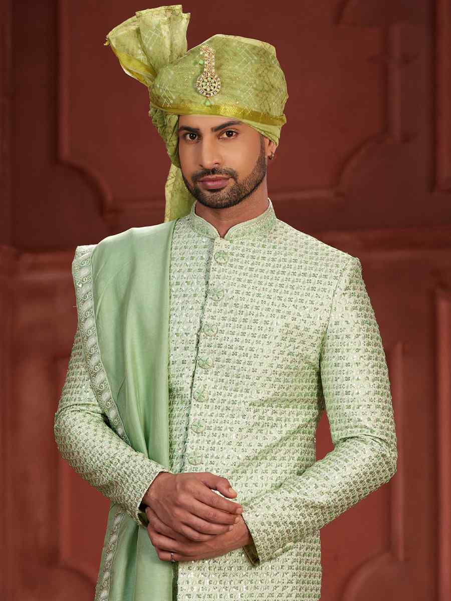 Pista Pure Silk Embroidered Groom Wedding Sherwani