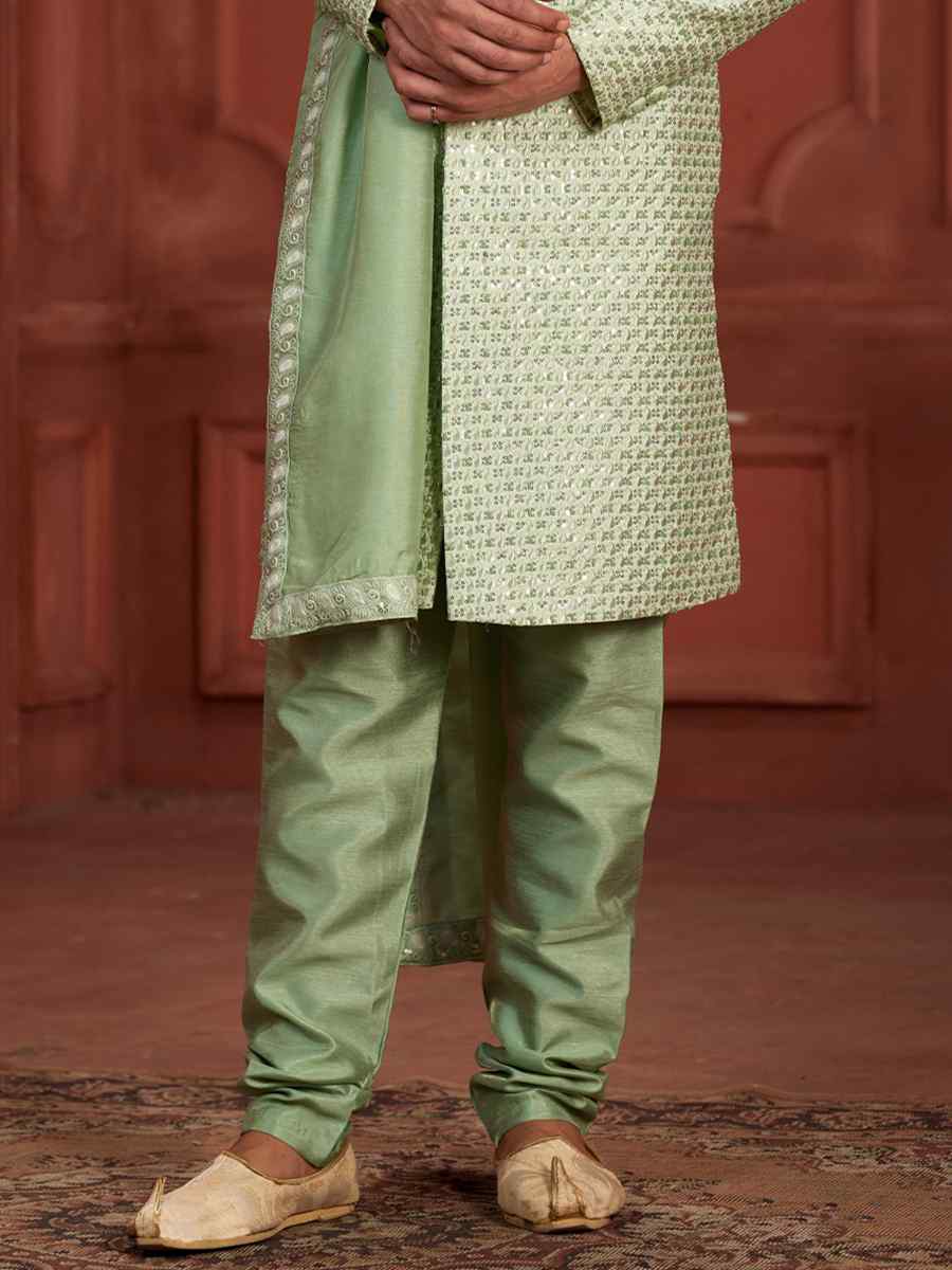 Pista Pure Silk Embroidered Groom Wedding Sherwani