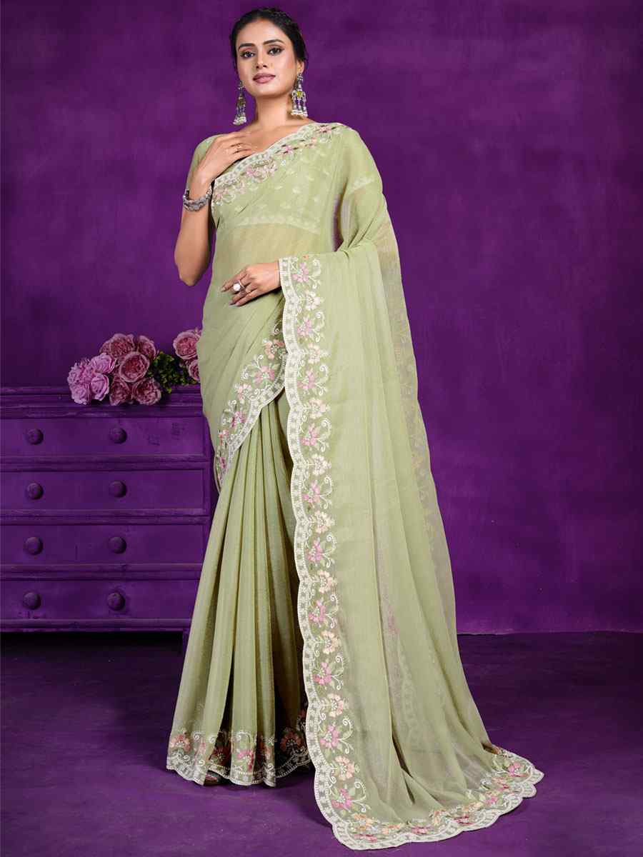 Pista Rangoli Embroidered Wedding Party Heavy Border Saree