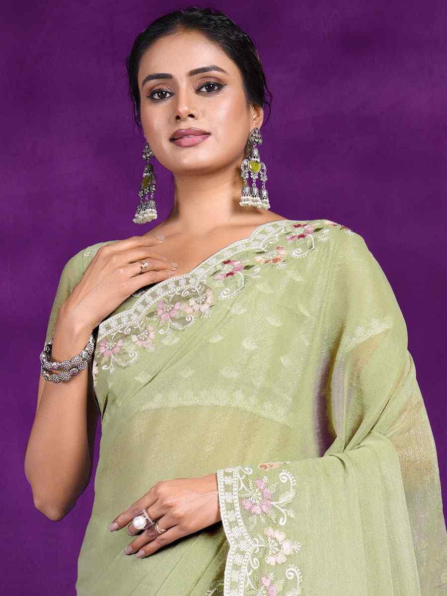 Pista Rangoli Embroidered Wedding Party Heavy Border Saree