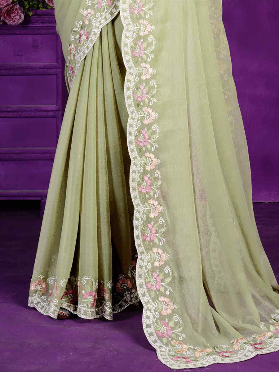 Pista Rangoli Embroidered Wedding Party Heavy Border Saree