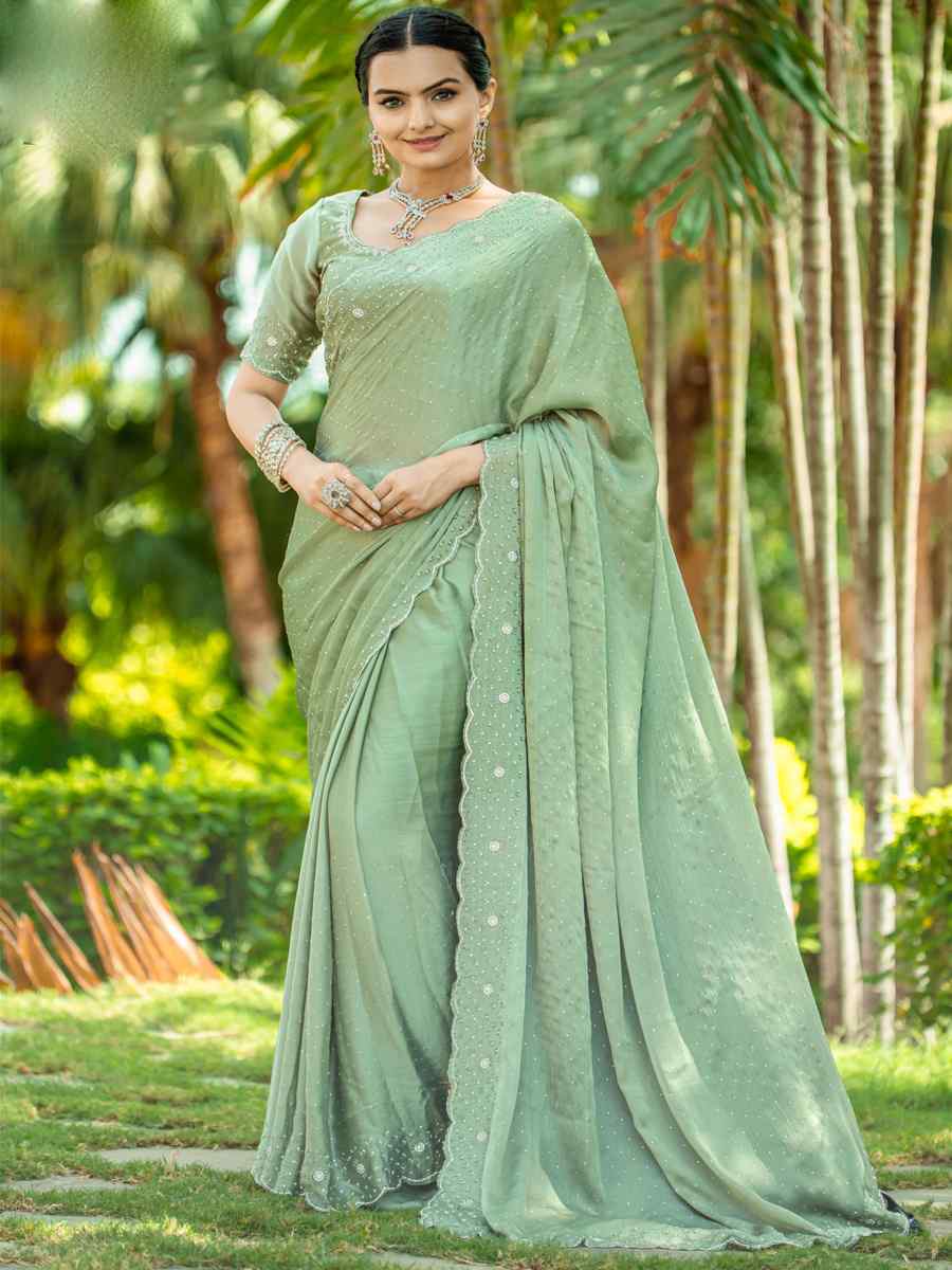 Pista Satin Chiffon Embroidered Festival Party Heavy Border Saree