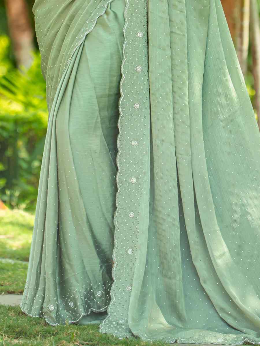 Pista Satin Chiffon Embroidered Festival Party Heavy Border Saree