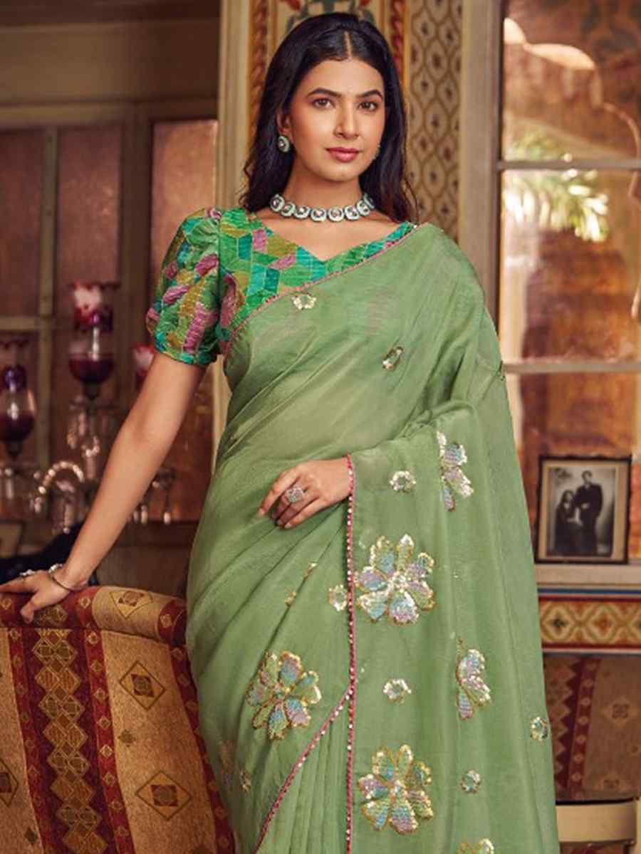 Pista Shimmer Chiffon Handwoven Festival Wedding Heavy Border Saree