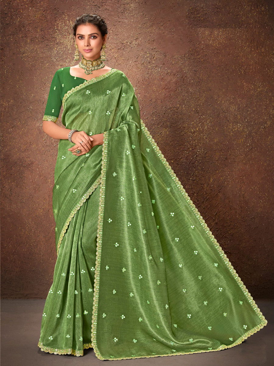 Pista Silk Embroidered Reception Party Heavy Border Saree