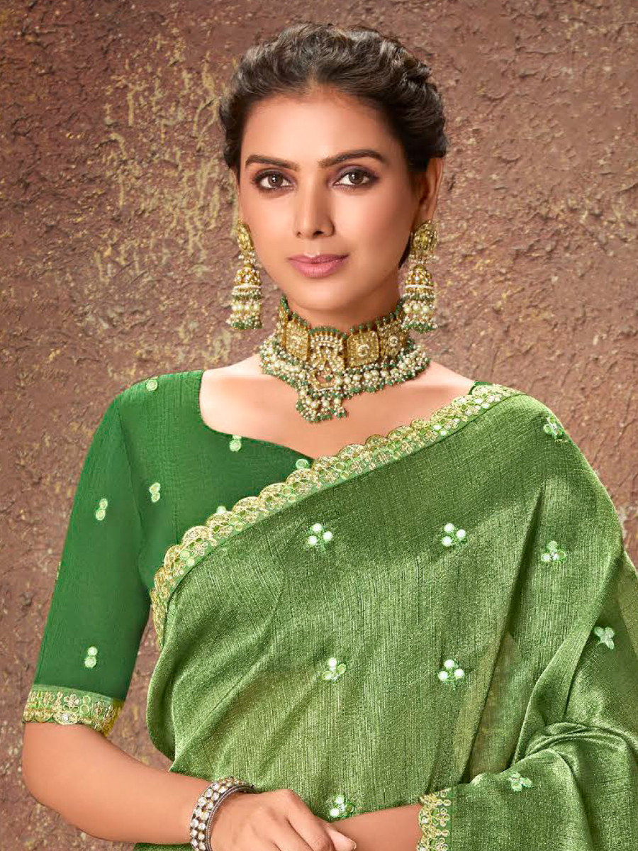 Pista Silk Embroidered Reception Party Heavy Border Saree