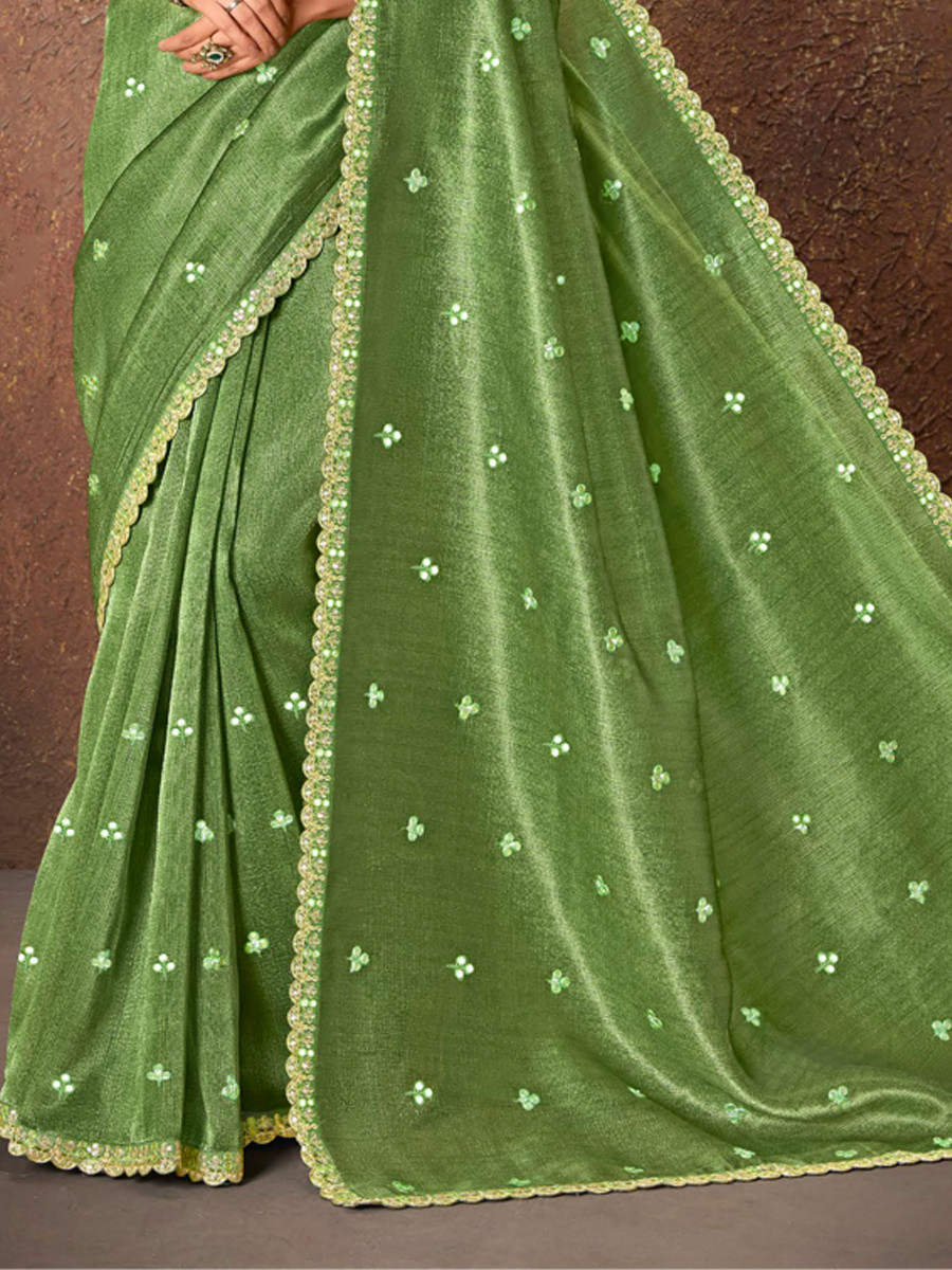 Pista Silk Embroidered Reception Party Heavy Border Saree