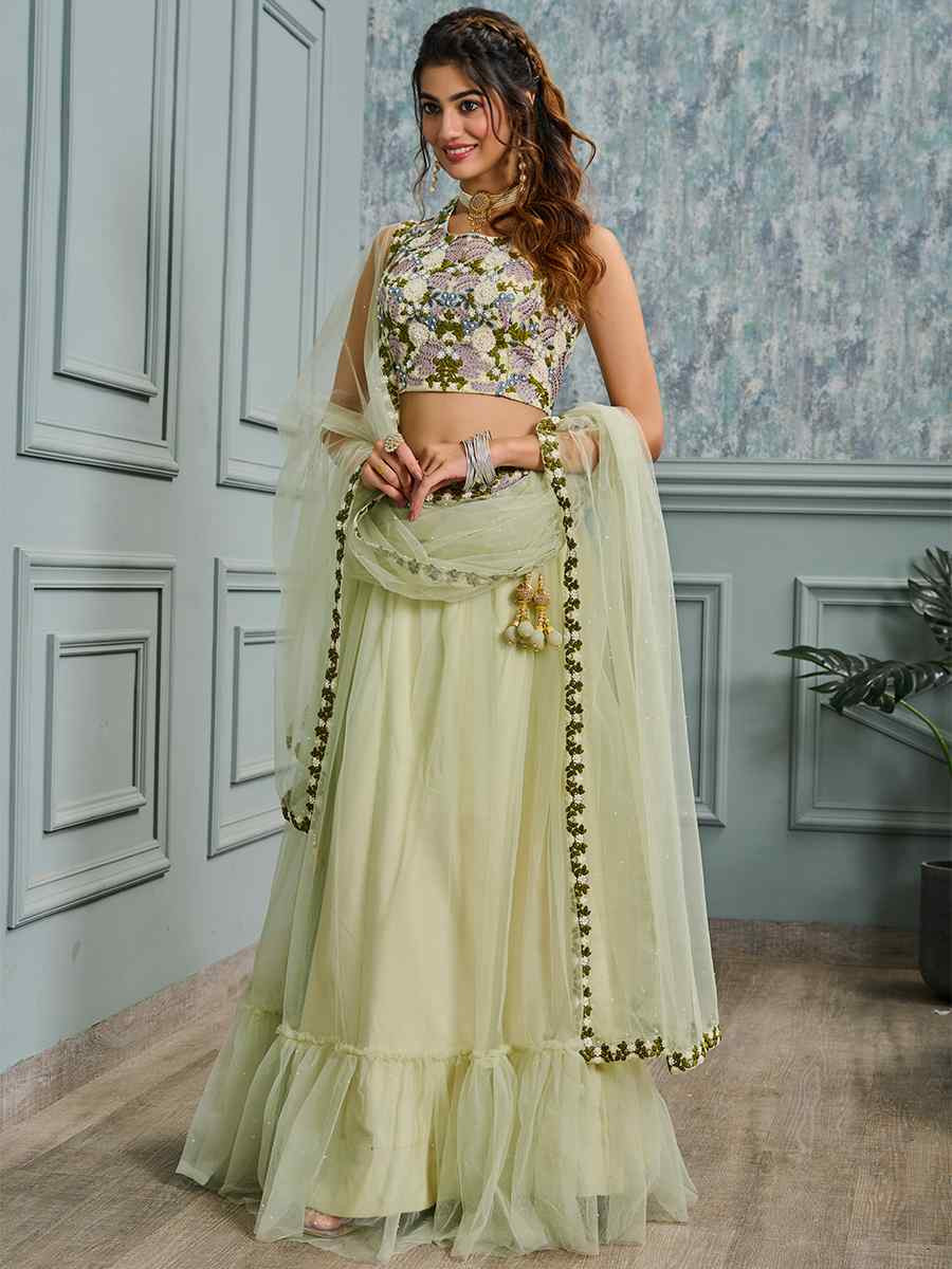 Pista Silk Embroidery Festival Wedding Heavy Border Lehenga Choli