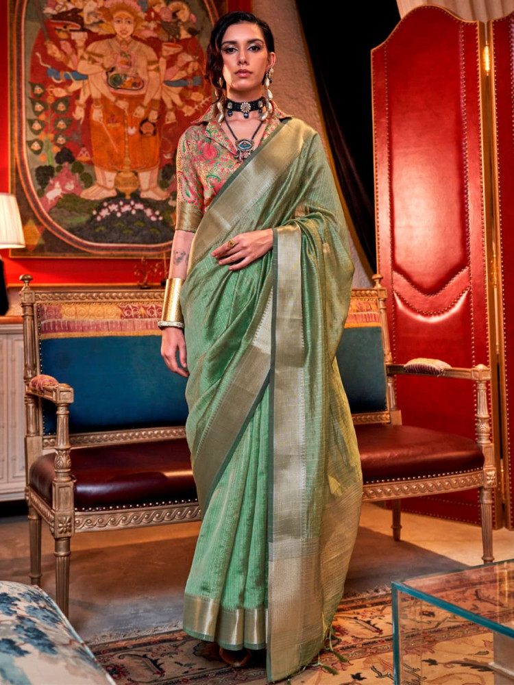 Pista Silk Handwoven Festival Wedding Heavy Border Saree