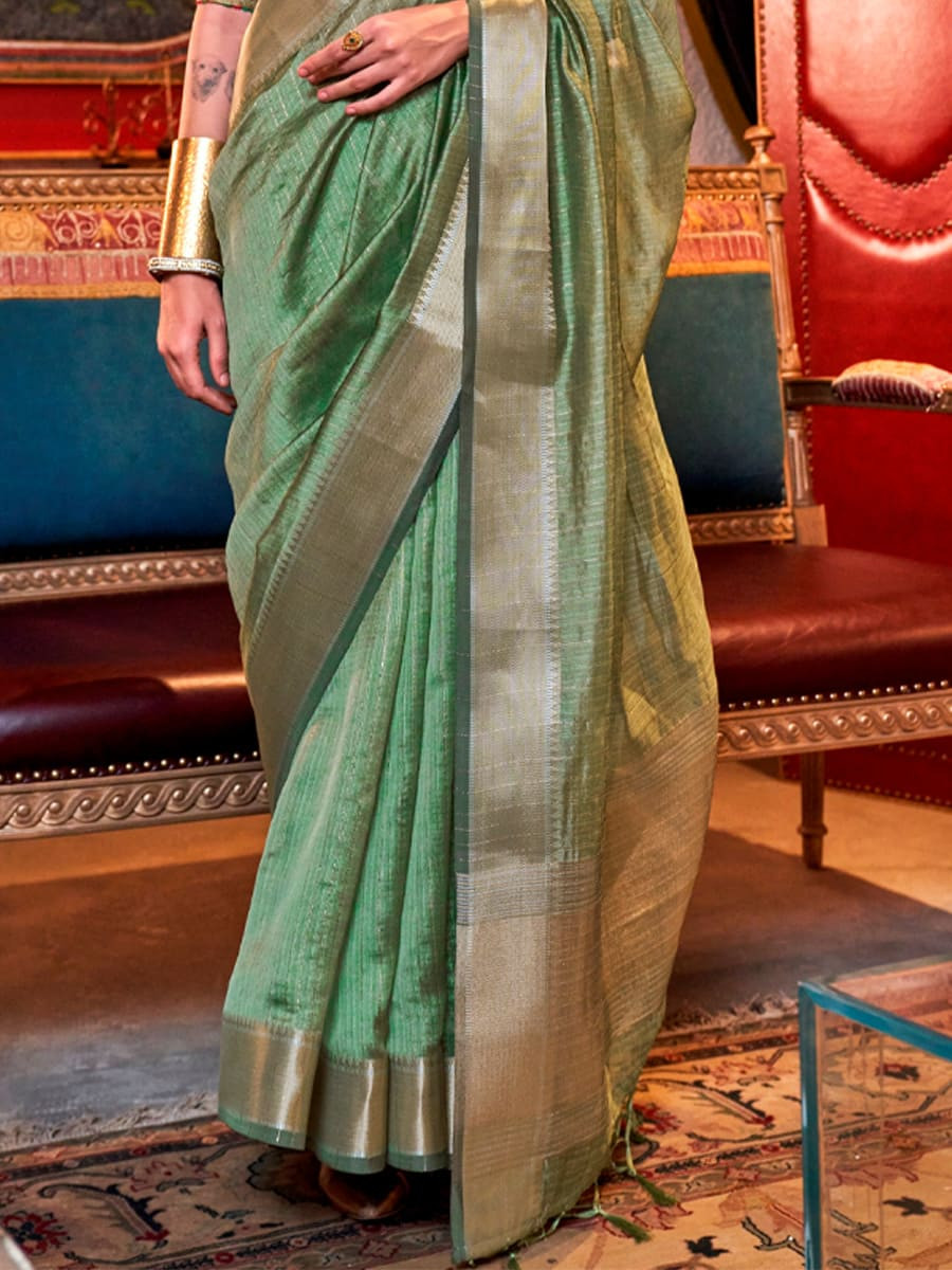 Pista Silk Handwoven Festival Wedding Heavy Border Saree