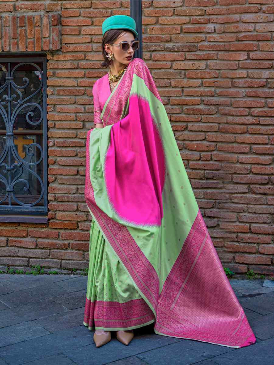 Pista Silk Handwoven Festival Wedding Heavy Border Saree