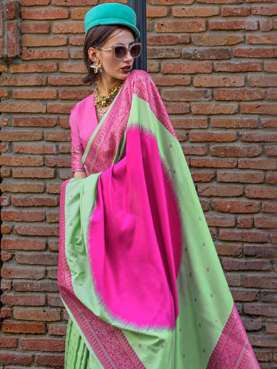 Pista Silk Handwoven Festival Wedding Heavy Border Saree