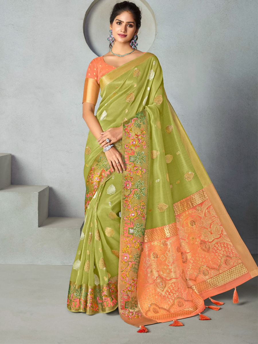 Pista Silk Handwoven Festival Wedding Heavy Border Saree